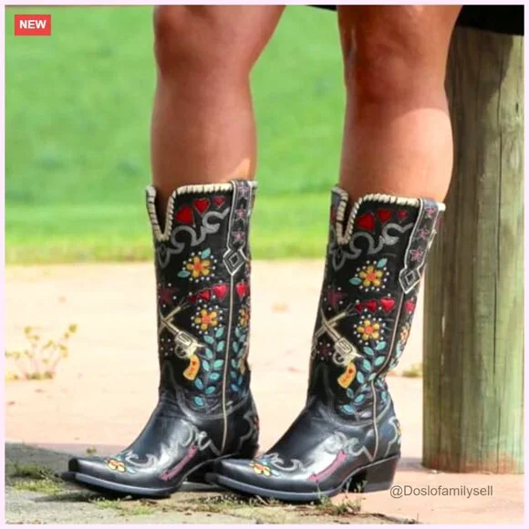 Women's Embroidered Western Knee High Boots, Chunky Low Heel, Wide Calf - Picture 4 of 7